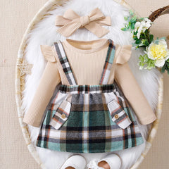 Baby Girls Autumn Clothes Set Long Sleeve Top Plaid Bow Skirt +Headband Casual Girls 3Pcs Outfit Christmas Costume For Infants