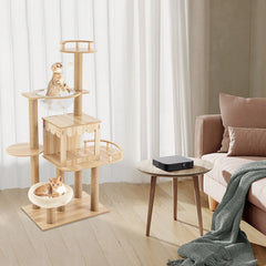 Multi-Level Wood Cat Tree Tower for Indoor All-in-one Pets Play Tree Climbing Jumping Toy Frame with Cushionss