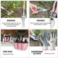 WORKPRO 8-Piece Pink Garden Tool Set, Stainless Steel Gardening Tools with Wood Handle, Including Garden Tote, Gloves, Trowel