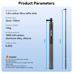 32-120cm Selfie Stick Carbon Fiber Camera Stand Bracket 1/4In Sports Camera Mount for GoPro Hero 12/11/10 Insta360 X3/X2/One
