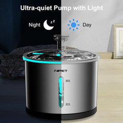 NPET Cat Water Fountain Stainless Steel, 50oz1.5L Dishwasher Safe Pet Water Fountain with Visible Window Light for Cats