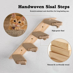 Cat Four Steps Stairway - Wall Mounted Wooden Stairs Ladder Climber Shelf Perch for Scratching, Climbing, Jumping and Relaxing