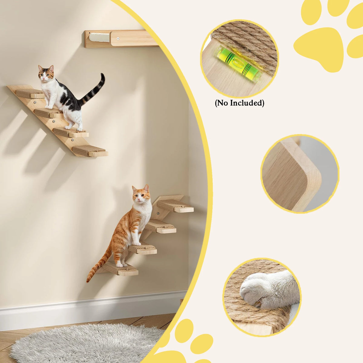 Cat Four Steps Stairway - Wall Mounted Wooden Stairs Ladder Climber Shelf Perch for Scratching, Climbing, Jumping and Relaxing