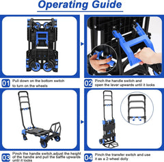 2-in-1 Hand Truck Dolly Folding Basket, 330LBS Platform Cart Dolly, Collapsible Utility Luggage Dolly Cart, WRetractable Handle