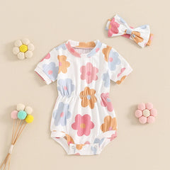 Lioraitiin 0-18M Summer Baby Girls Casual Romper Short Sleeve O Neck Floral Print Romper with Headband