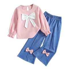 Toddler Clothes Sets Girls' Hoodie Set Bow Splicing Printed Wide Leg Pants Sweet Style Children's Two Piece Set Girls Outfits 7Y