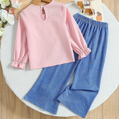 Toddler Clothes Sets Girls' Hoodie Set Bow Splicing Printed Wide Leg Pants Sweet Style Children's Two Piece Set Girls Outfits 7Y