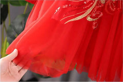 Toddler Kids Baby Girls Chinese Clothing Dress Red,Children New Year Clothes Girls Fairy Hanfu Dress Tulle Embroidery Tang Suit