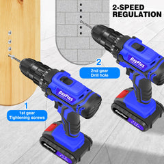 BRIEFNESS 21V Cordless Drill & Electric Screwdriver 45Nm, 2-Speed, LED Light, 26PCS Kit with Li-Ion Battery for Home DIY Blue