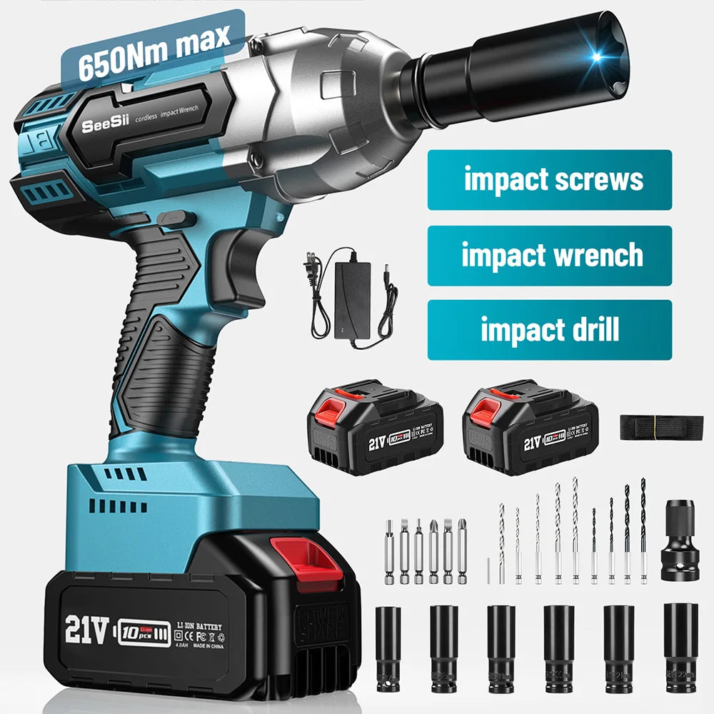 Seesii Cordless Impact Wrench 650N.m Torque Brushless Electric Wrench Power Tools with Sockets for Car Tire disassembly Home DIY