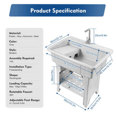 Multi-functional Plastic Laundry Sink, Ergonomic 31.5in Height, Pet Bath, Storage Rack, Gray Modern Design, Easy Install