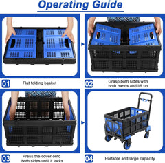 2-in-1 Hand Truck Dolly Folding Basket, 330LBS Platform Cart Dolly, Collapsible Utility Luggage Dolly Cart, WRetractable Handle