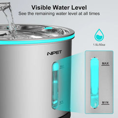 NPET Cat Water Fountain Stainless Steel, 50oz1.5L Dishwasher Safe Pet Water Fountain with Visible Window Light for Cats