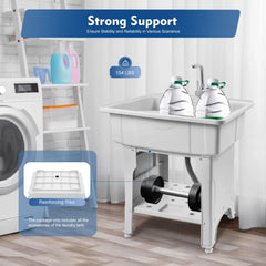 Multi-functional Plastic Laundry Sink, Ergonomic 31.5in Height, Pet Bath, Storage Rack, Gray Modern Design, Easy Install
