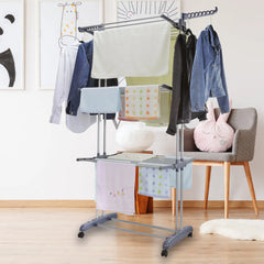 Clothes Drying Rack 4-Tier Foldable Stainless Steel Movable Clothing Airer Multifunctional Laundry Coat Rack Household