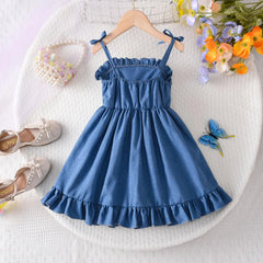 Toddler Girls Sleeveless Denim Ruffles Suspenders Dress Dance Party Princess Dresses Clothes Toddler Girl Outfit