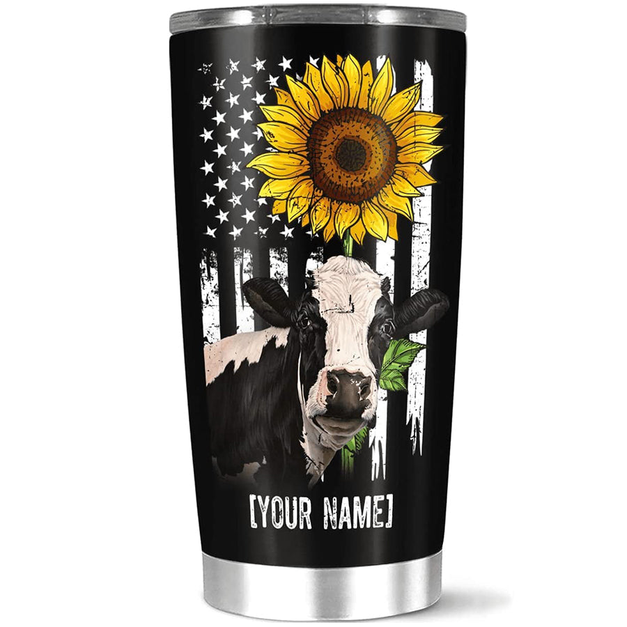 Personalized Coffee Tumbler, Customized Name A Dairy Cow With Sunflower Tumbler, Little Star, Home Travel Office Use, Gift For Women Men On Birthday, Large 20 Stainless Steel, White
