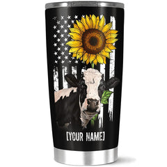 Personalized Coffee Tumbler, Customized Name A Dairy Cow With Sunflower Tumbler, Little Star, Home Travel Office Use, Gift For Women Men On Birthday, Large 20 Stainless Steel, White