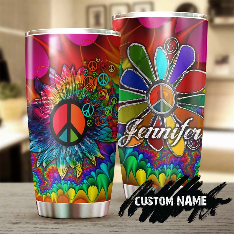 Hippie Colorful Sunflower Peace Lover Freedom Personalized Tumbler-Boho Hippie Tumbler-Hippie Gypsy Bohemian Gift For Her-Sunflower Gift