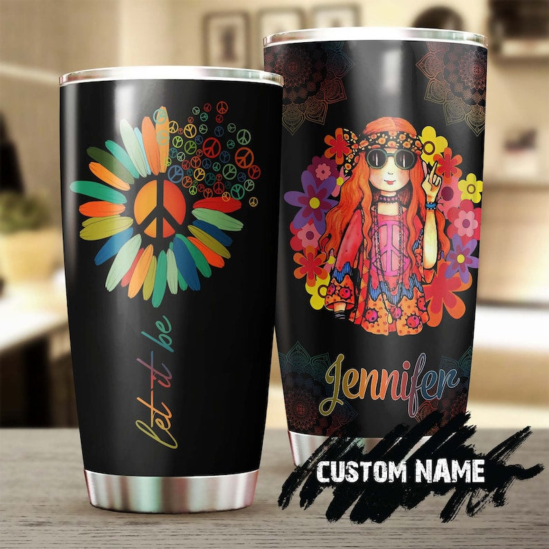 Hippie Cool Girl Flower Freedom Let It Be Vintage Personalized Tumbler-Boho Hippie Tumbler-Hippie Gypsy Bohemian Gift For Her-Gift For Him