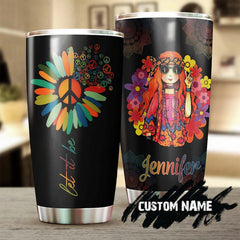 Hippie Cool Girl Flower Freedom Let It Be Vintage Personalized Tumbler-Boho Hippie Tumbler-Hippie Gypsy Bohemian Gift For Her-Gift For Him