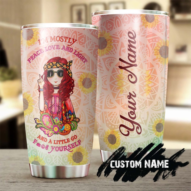 Hippie Girl Peace Love Personalized Tumbler-Boho Hippie Tumbler-Gypsy Gift Bohemian Gift Hippie Gift For Her- Present For Hippie Friend