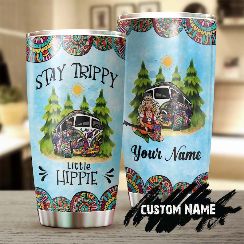 Girl Stay Trippy Little Hippie Hippie Van Personalized Tumbler-Boho Tumbler-Gypsy Gift Bohemian Gift For Her Gift For Him For Hippie Friend