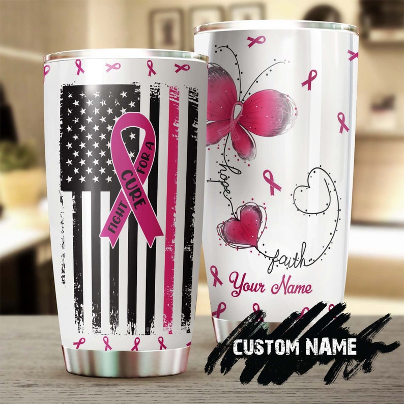 Fight For A Cure American Flag Personalized Tumbler-Breast Cancer Tumbler-Pink Ribbon Tumbler-Cancer Treatment Care Gift - Gift For Her
