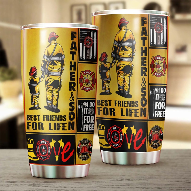 Firefighter Father And Son Tumbler-Birthday Christmas Gift Father'S Day Gift For Step Dad From Daughter