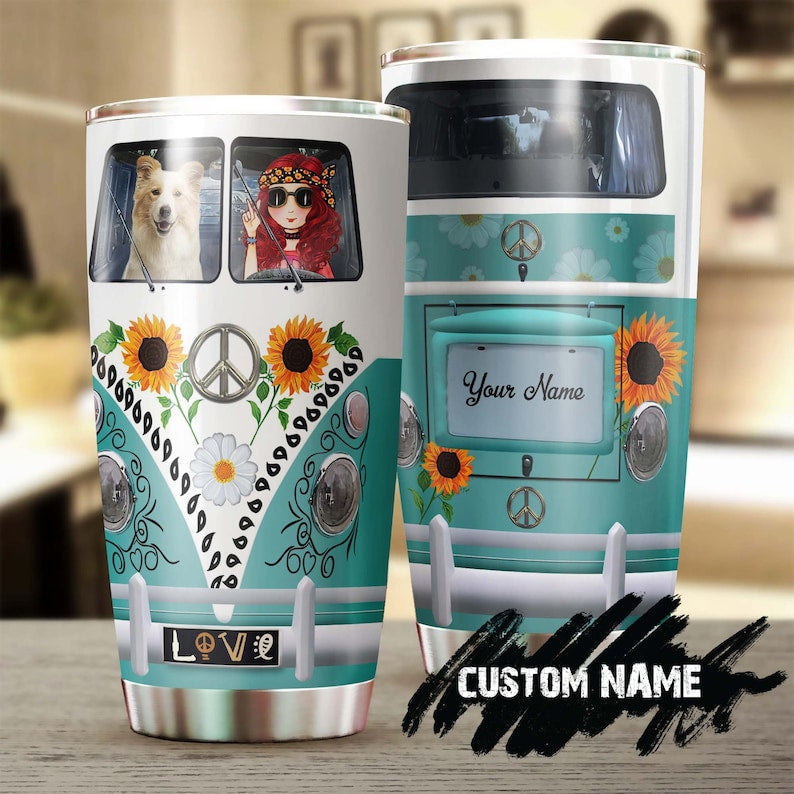 Hippie Girl Road Trip With Dog Personalized Tumbler-Boho Hippie Tumbler-Gypsy Bohemian Gift For Dog Mom- Present For Hippie Friend Dog Mom
