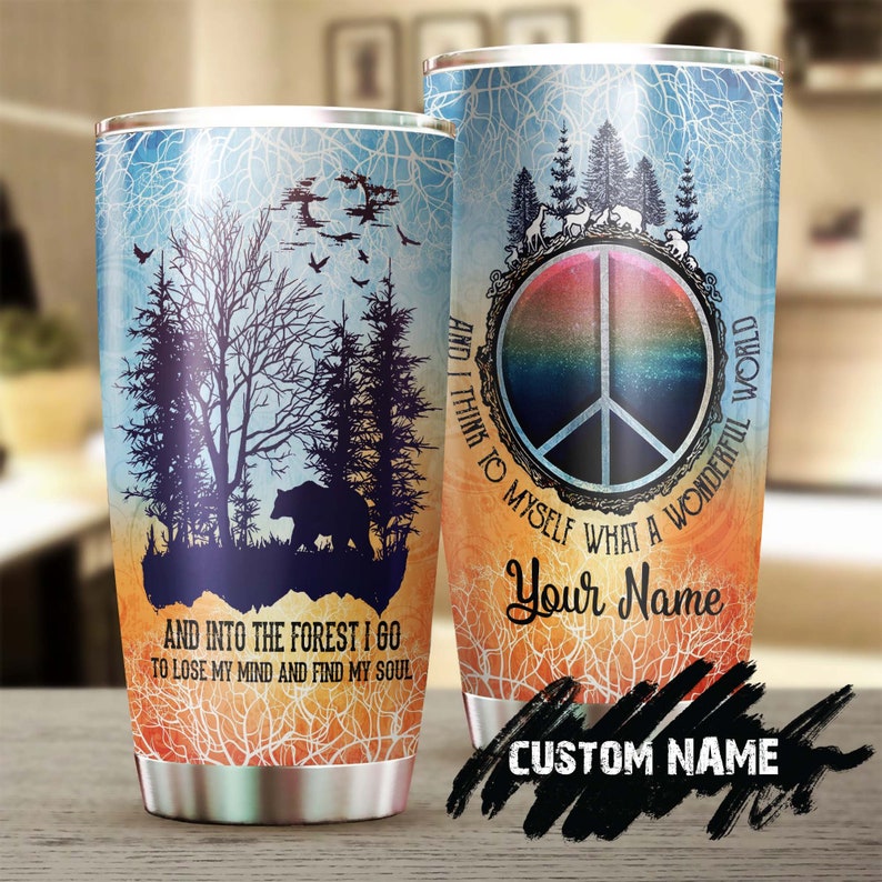 Hippie Bear Love Forest What A Wonderful World Personalized Tumbler-Boho Tumbler-Gypsy Gift Bohemian Gift For Her Gift For Nature Lover