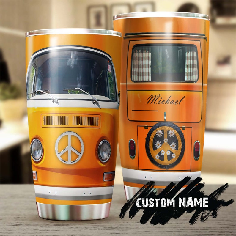 Old Orange Hippie Van Personalized Tumbler-Boho Tumbler-Gypsy Gift Bohemian Gift For Her Gift For Him For Hippie Friend