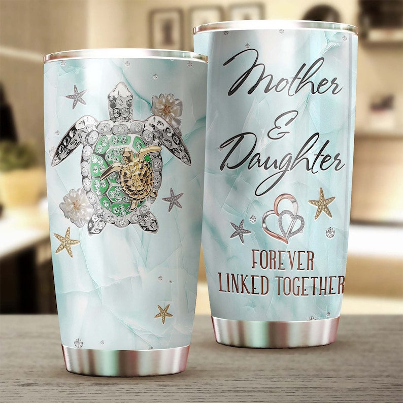 Turtle Mom And Daughter Forever Linked Mother'S Day Gift Personalized Tumbler-Turtle Present-Birthday Christmas Gift For Mom For Daughter