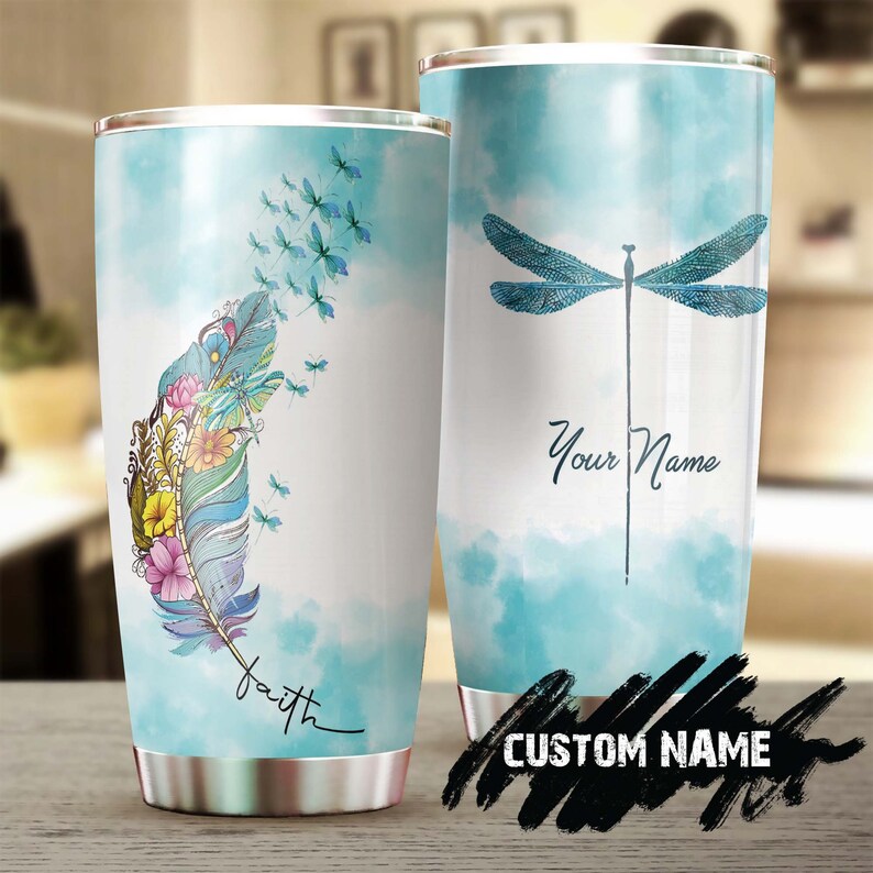 Dragonfly Faith Colorful Feather Personalized Tumbler-Jesus Gift -Birthday Christmas Gift For Jesus Lover Catholic Christians