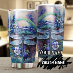 Dragonfly And Flower Purple Personalized Tumbler-Birthday Gift Christmas Gift For Her For Him For Dragonfly Lover