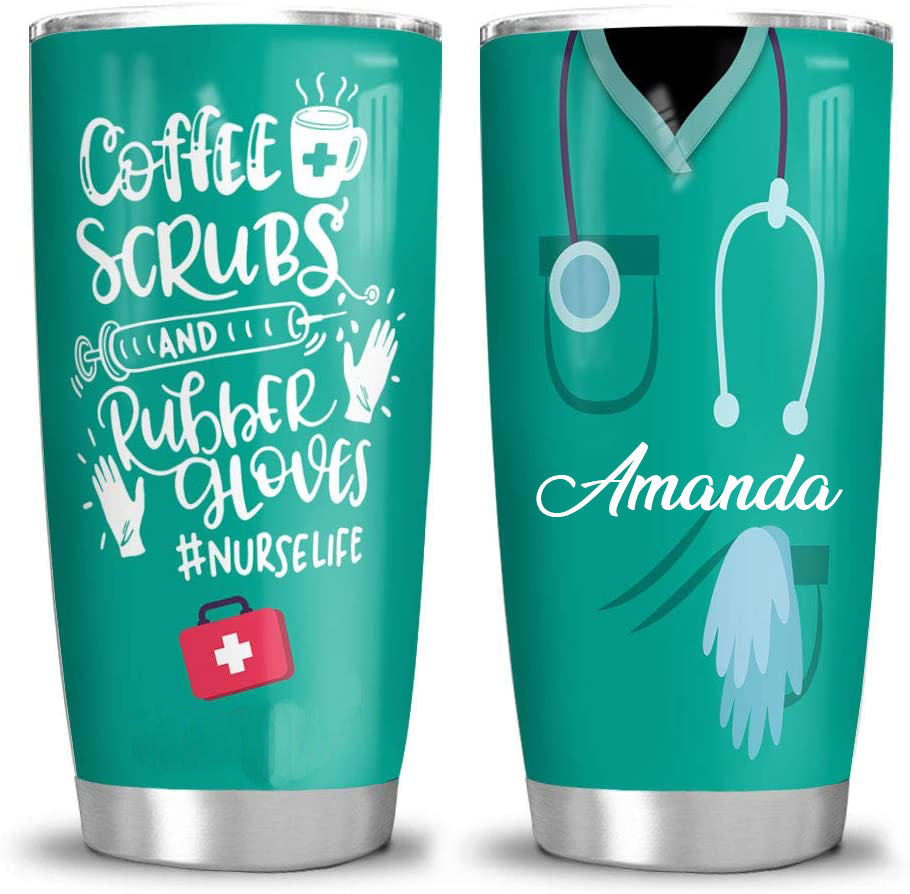 Personalized Nurse Coffee Scrubs Rubber Gloves Nurse Life Tumbler Cup with Lid, Double Wall Vacuum Sporty Thermos Insulated Travel Coffee Mug