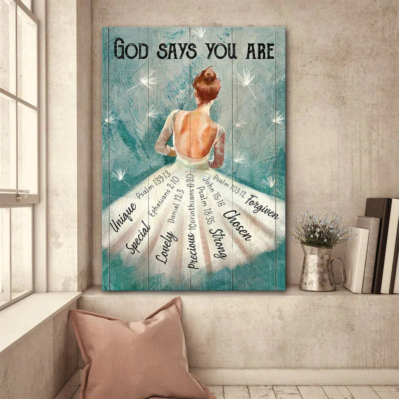 Ballerina painting, White dandelion, God says you are Canvas Wall Art