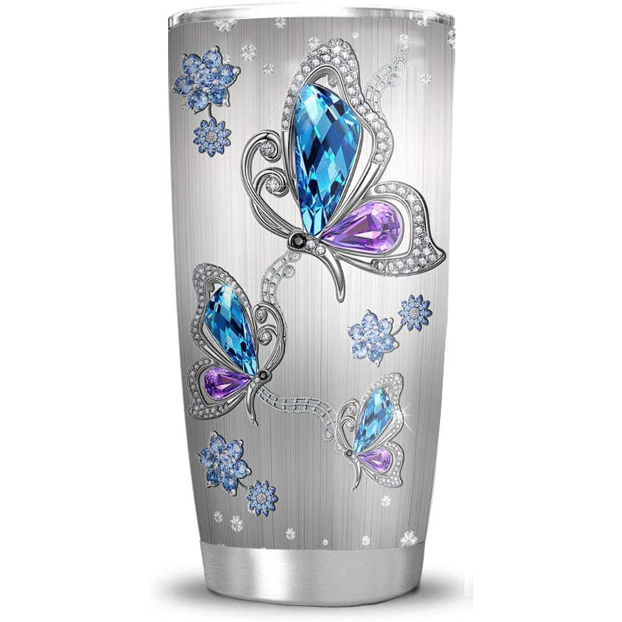 Butterfly Faith Hope Love Jewelry Style Tumbler Cup with Lid, Double Wall Vacuum Sporty Thermos Insulated Travel Coffee Mug