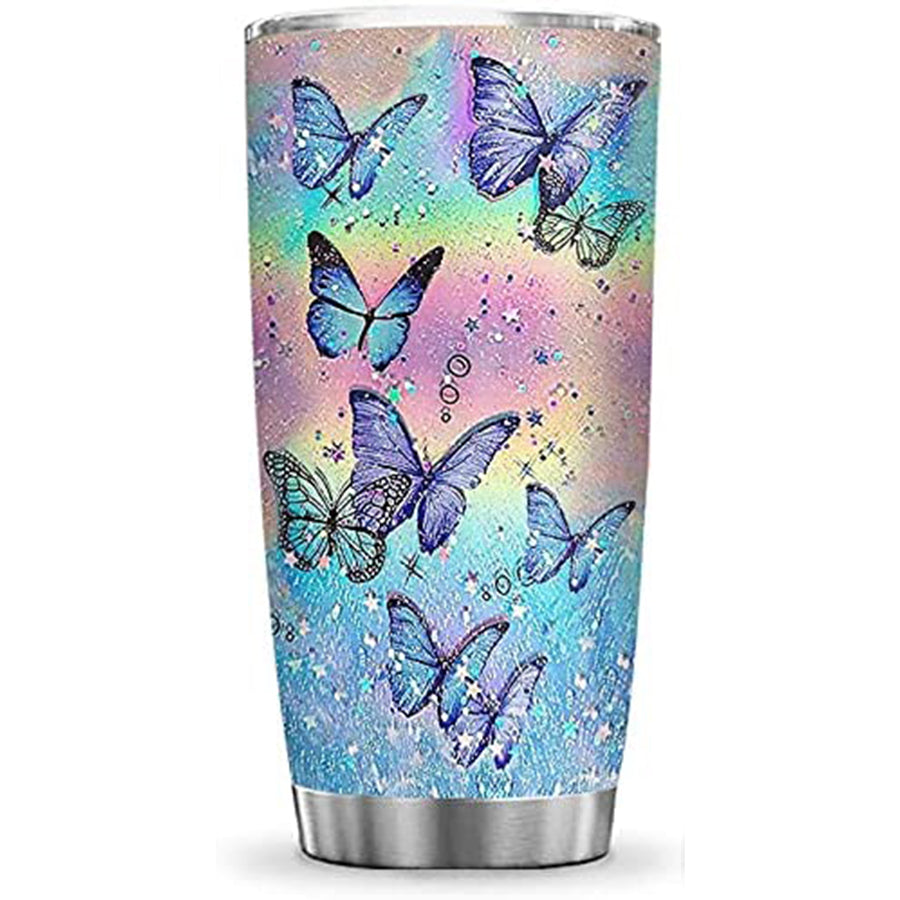 Butterfly Hologram Inspiration Motivation Tumbler Cup with Lid, Double Wall Vacuum Sporty Thermos Insulated Travel Coffee Mug