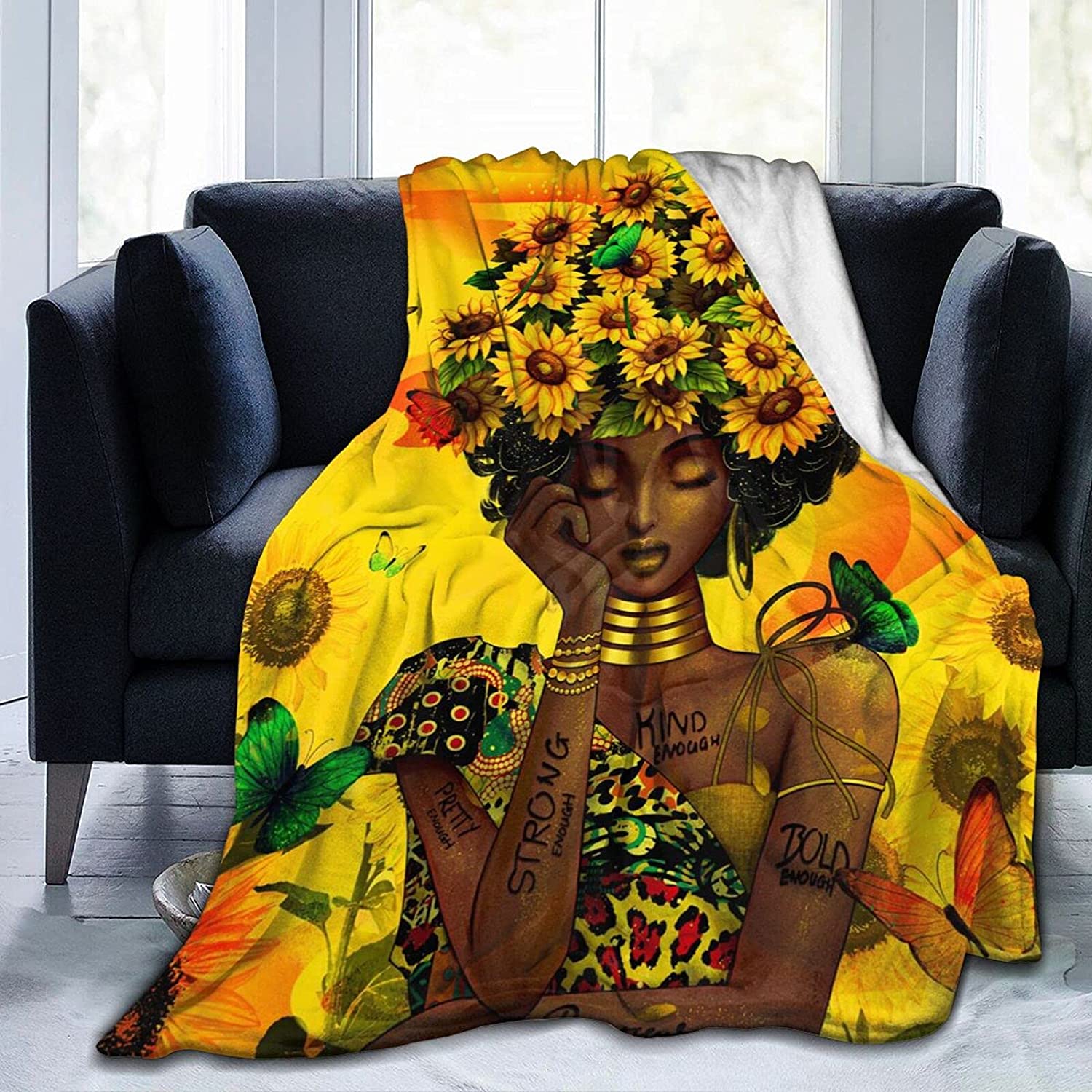 African American Women Blanket Black Girl Sunflower Throw Blanket Blankets For Couch Bedroom Living Rooms Luxurious Decor