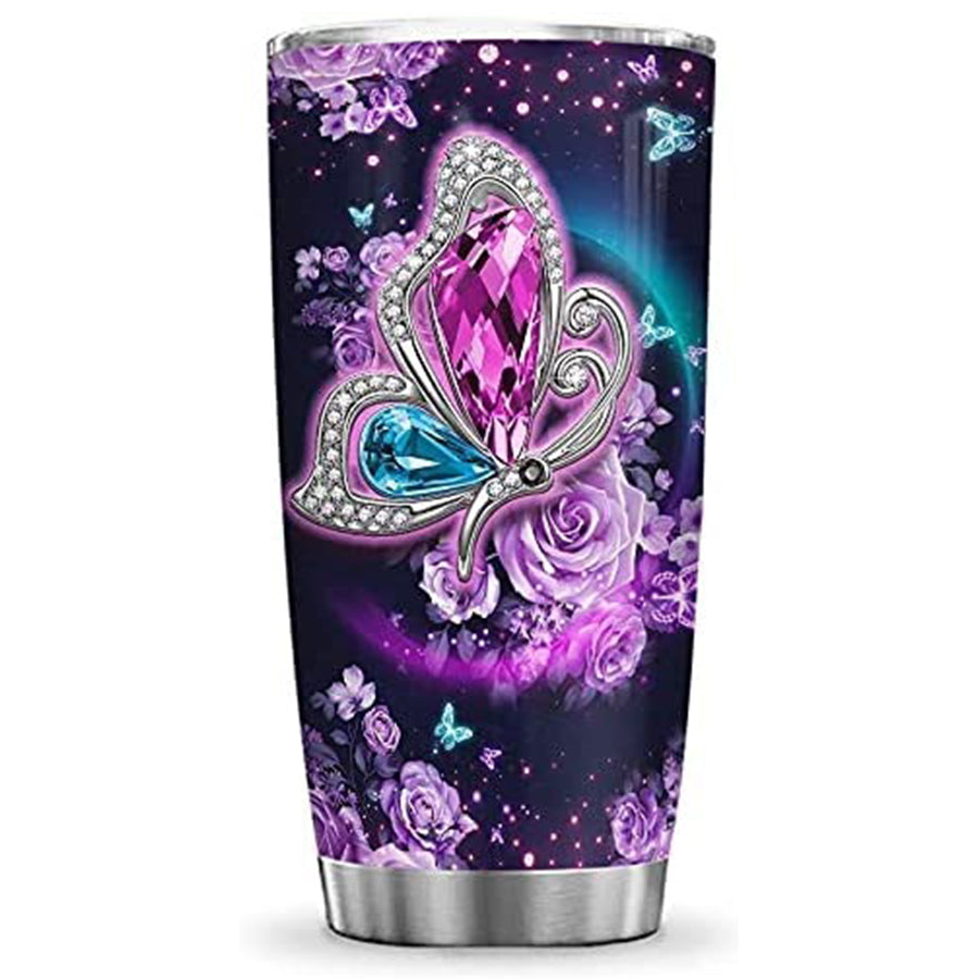 Butterfly Tumbler, Purple Butterfly Jewelry Style Butterfly Lover Inspiration Motivational Tumbler Cup with Lid, Double Wall Vacuum Thermos Insulated Travel Coffee Mug