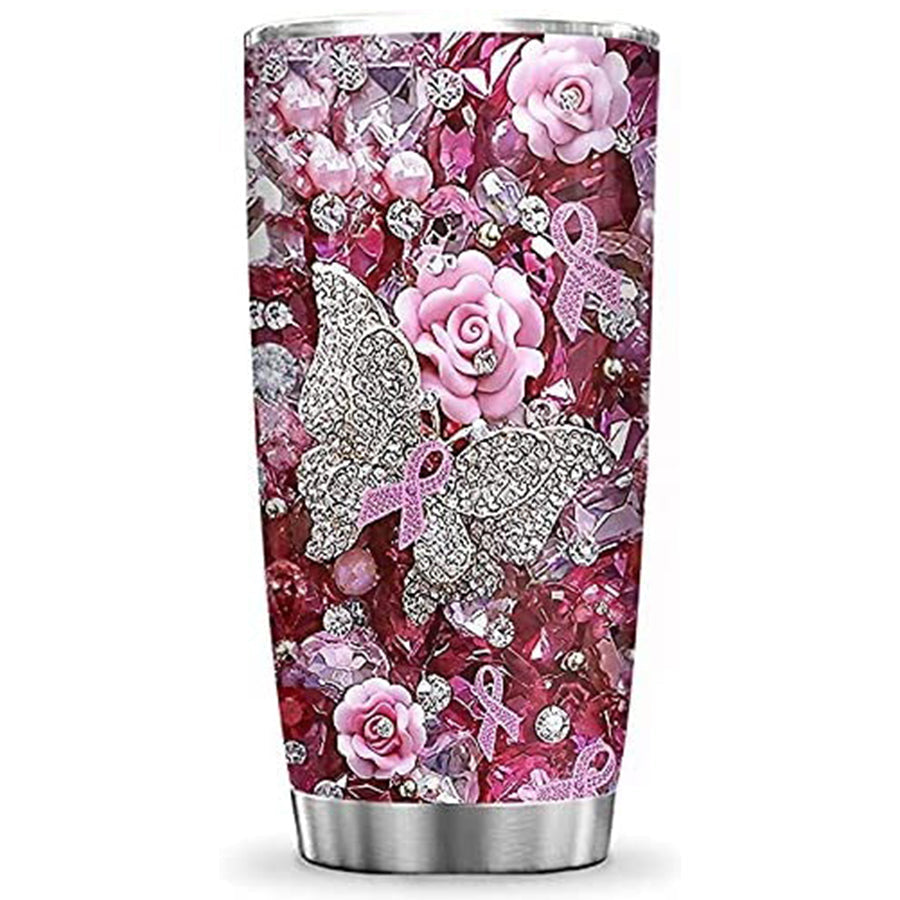 Printed Jewelry Breast Cancer Butterfly Tumbler Cup with Lid, Double Wall Vacuum Thermos Insulated Travel Coffee Mug