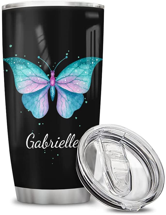 Personalized Butterfly Stainless Steel Tumbler Cup With Lid Custom Name Customized Double Wall Vacuum Insulated Tumblers Coffee Travel Mug Birthday Christmas Gifts For Women