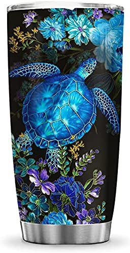 Blue Flower Turtle Inspiration Motivation Sea Ocean Turtle Lover Tumbler Cup with Lid, Double Wall Vacuum Thermos Insulated Travel Coffee Mug - HLZ0212004