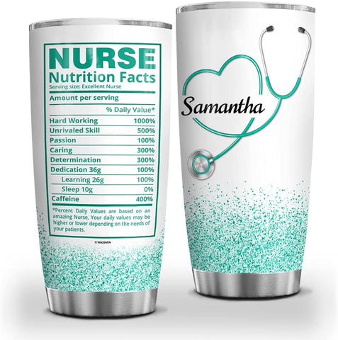 Personalized Nurse Nutrition Facts Stethoscope Tumbler Cup With Lid Vacuum Insulated Travel Mug Birthday Christmas Week Appreciation Gift Nurses Female Women Nursing School (Green 3)