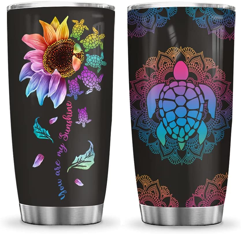 Colorful Turtle Hippie, Turtle with Sunflowers, Turtle Inspiration, Gift for Sea Turtle Lovers Tumbler Cup with Lid, Double Wall Vacuum Thermos Insulated Travel Coffee Mug - BGM2612004