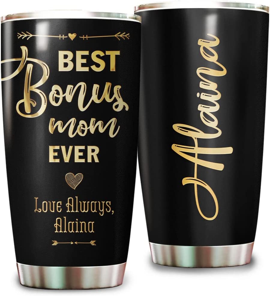 Mom Tumbler, Personalized Best Bonus Mom Ever Tumbler Stainless Steel Cup With Lid Custom Name Vacuum Insulated Travel Coffee Mug Tumblers Gift For Stepmom Mommy Mothers Day Christmas Thanksgiving