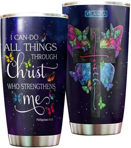 Butterfly Jesus Lovers Tumbler Cup with Lid, I Can Do All Things Double Wall Vacuum Tumblers Coffee Travel Mug Cups, Birthday Christmas Gifts For Women Men, Stainless Steel