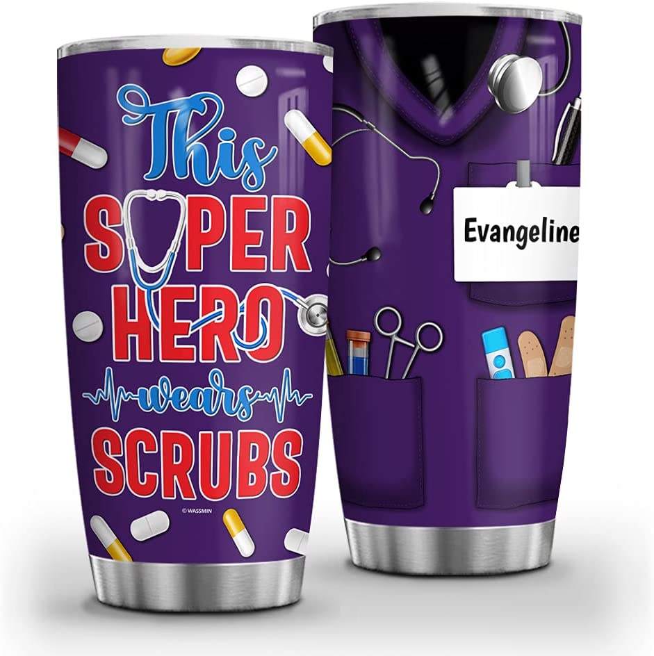 Personalized This Hero Wears Scrubs Nurse Tumbler Cup With Lid Double Wall Vacuum Insulated Travel Coffee Mug Birthday Christmas Nurse Week Appreciation Gift Women Men