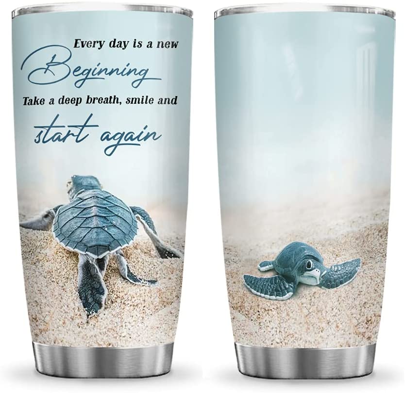 Everyday is A New Beginning Inspiration Turtle Beach Lover Ocean Sea Tumbler Cup with Lid, Double Wall Vacuum Thermos Insulated Travel Coffee Mug